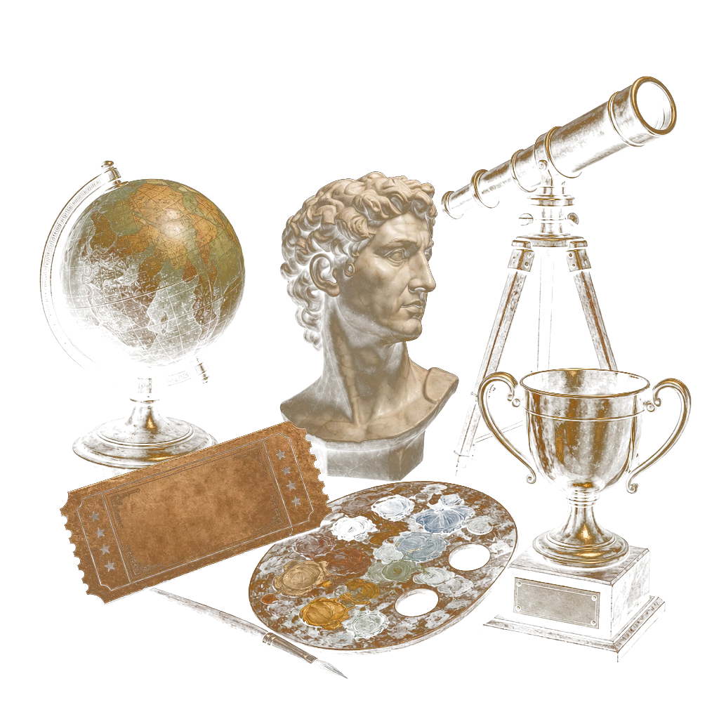 Globe, Roman bust, telescope, trophy, ticket, and artist palette